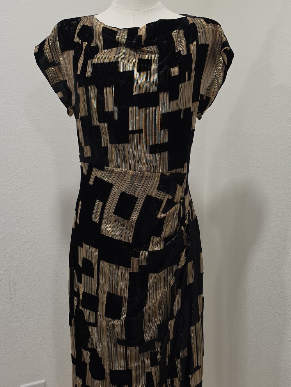 Donna Karan Black and Gold Geometric Midi Sheath Dress - Picture 4 of 15